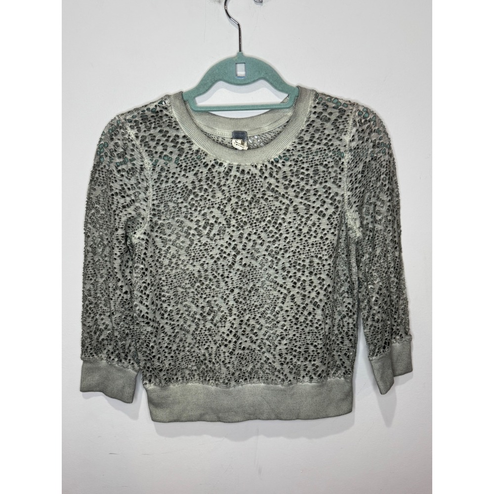 Free People We the Free Green‎ Distressed Sweatshirt Holes Sz XS 100% Cotton